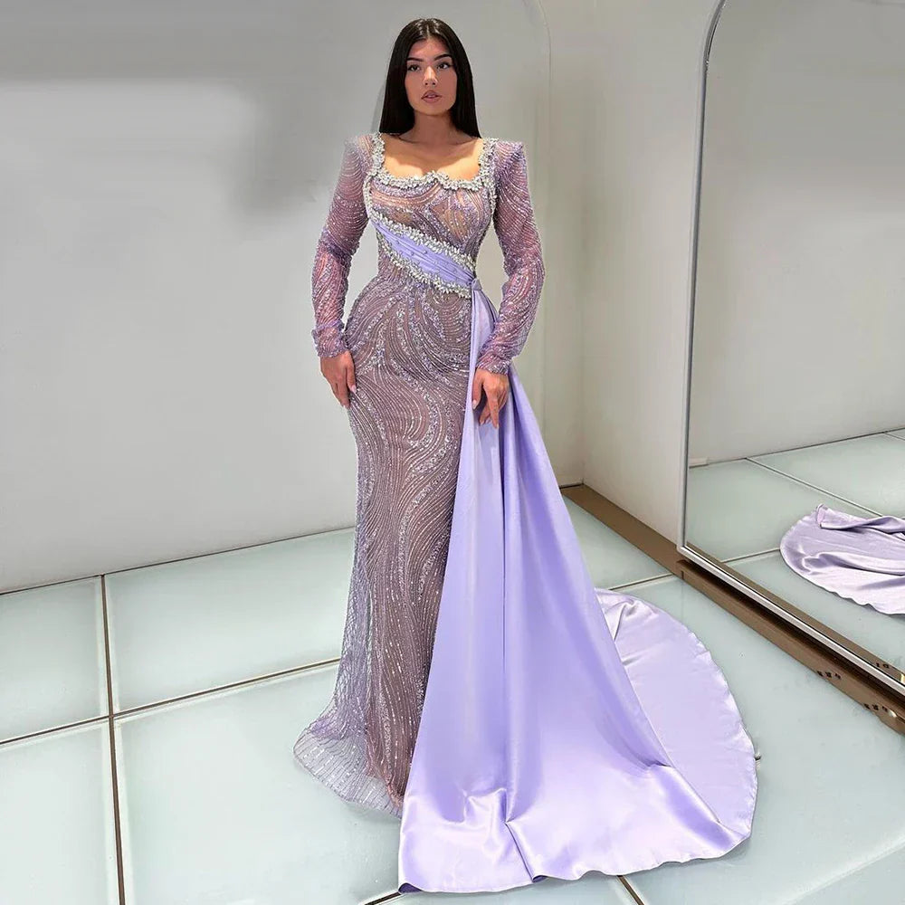 Vestido de sirena lila de lujo de Dubái 2025 con sobrefalda de satén y cuentas, vestido de noche para mujer, ideal para bodas y fiestas LA72534 