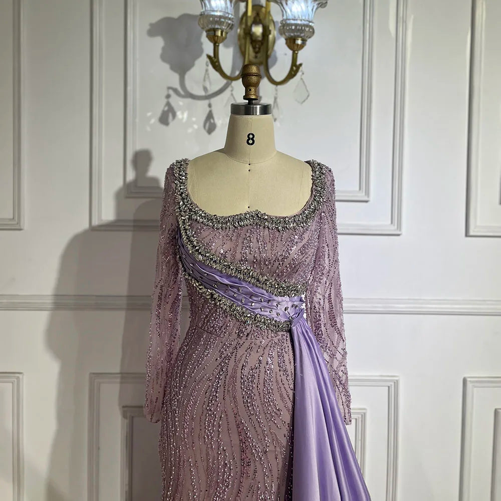 Vestido de sirena lila de lujo de Dubái 2025 con sobrefalda de satén y cuentas, vestido de noche para mujer, ideal para bodas y fiestas LA72534 