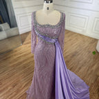 Vestido de sirena lila de lujo de Dubái 2025 con sobrefalda de satén y cuentas, vestido de noche para mujer, ideal para bodas y fiestas LA72534 