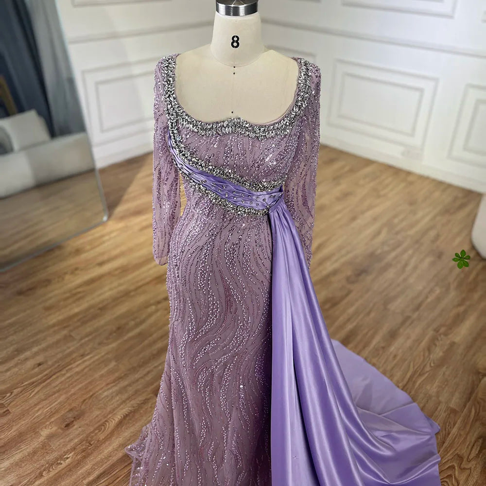 Vestido de sirena lila de lujo de Dubái 2025 con sobrefalda de satén y cuentas, vestido de noche para mujer, ideal para bodas y fiestas LA72534 