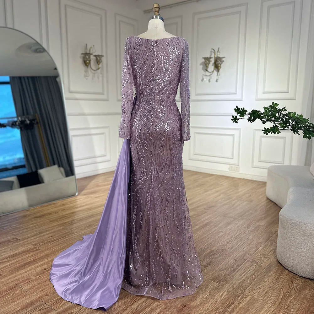 Vestido de sirena lila de lujo de Dubái 2025 con sobrefalda de satén y cuentas, vestido de noche para mujer, ideal para bodas y fiestas LA72534 