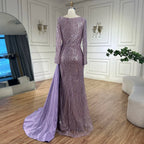 Vestido de sirena lila de lujo de Dubái 2025 con sobrefalda de satén y cuentas, vestido de noche para mujer, ideal para bodas y fiestas LA72534 