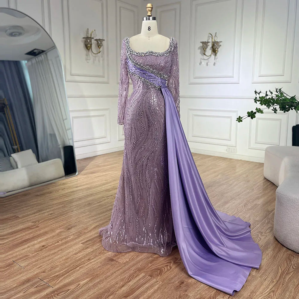 Vestido de sirena lila de lujo de Dubái 2025 con sobrefalda de satén y cuentas, vestido de noche para mujer, ideal para bodas y fiestas LA72534 