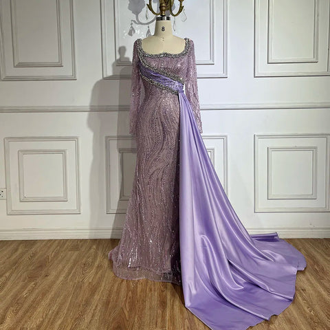 2025 Luxury Dubai Lilac  Mermaid Dress with Satin Overskirt Beaded Evening Gown for Women Wedding Party LA72534