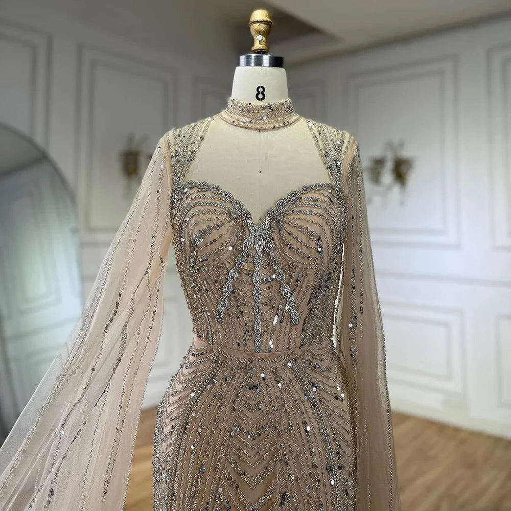 Vestidos de noche de lujo estilo sirena con escote corazón y cuentas, color nude, para mujer, estilo Dubai, 2025, LA72560 