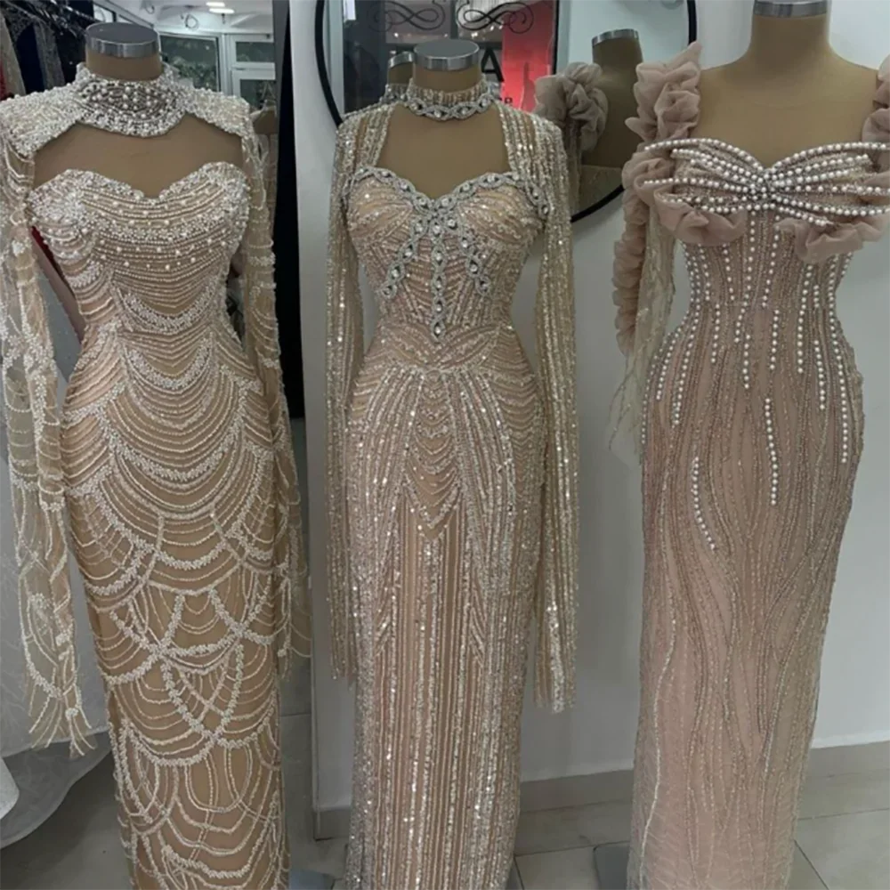 Vestidos de noche de lujo estilo sirena con escote corazón y cuentas, color nude, para mujer, estilo Dubai, 2025, LA72560 