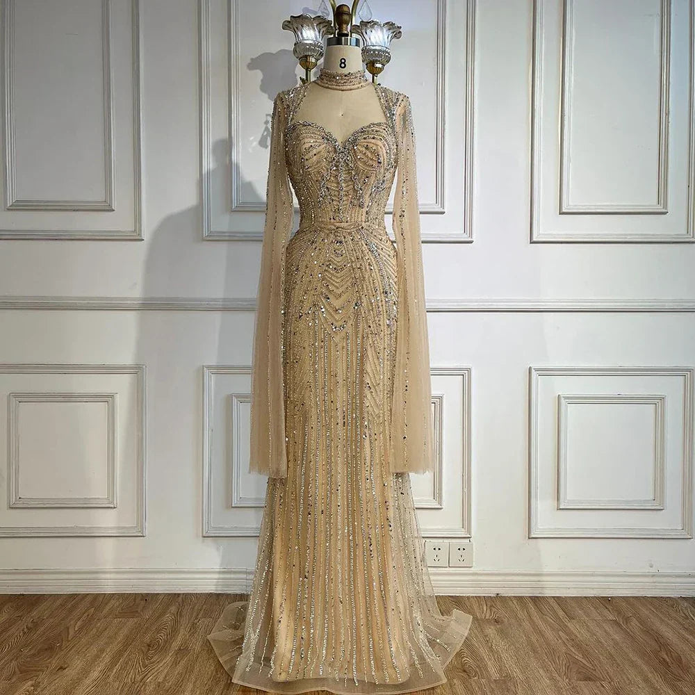Vestidos de noche de lujo estilo sirena con escote corazón y cuentas, color nude, para mujer, estilo Dubai, 2025, LA72560 
