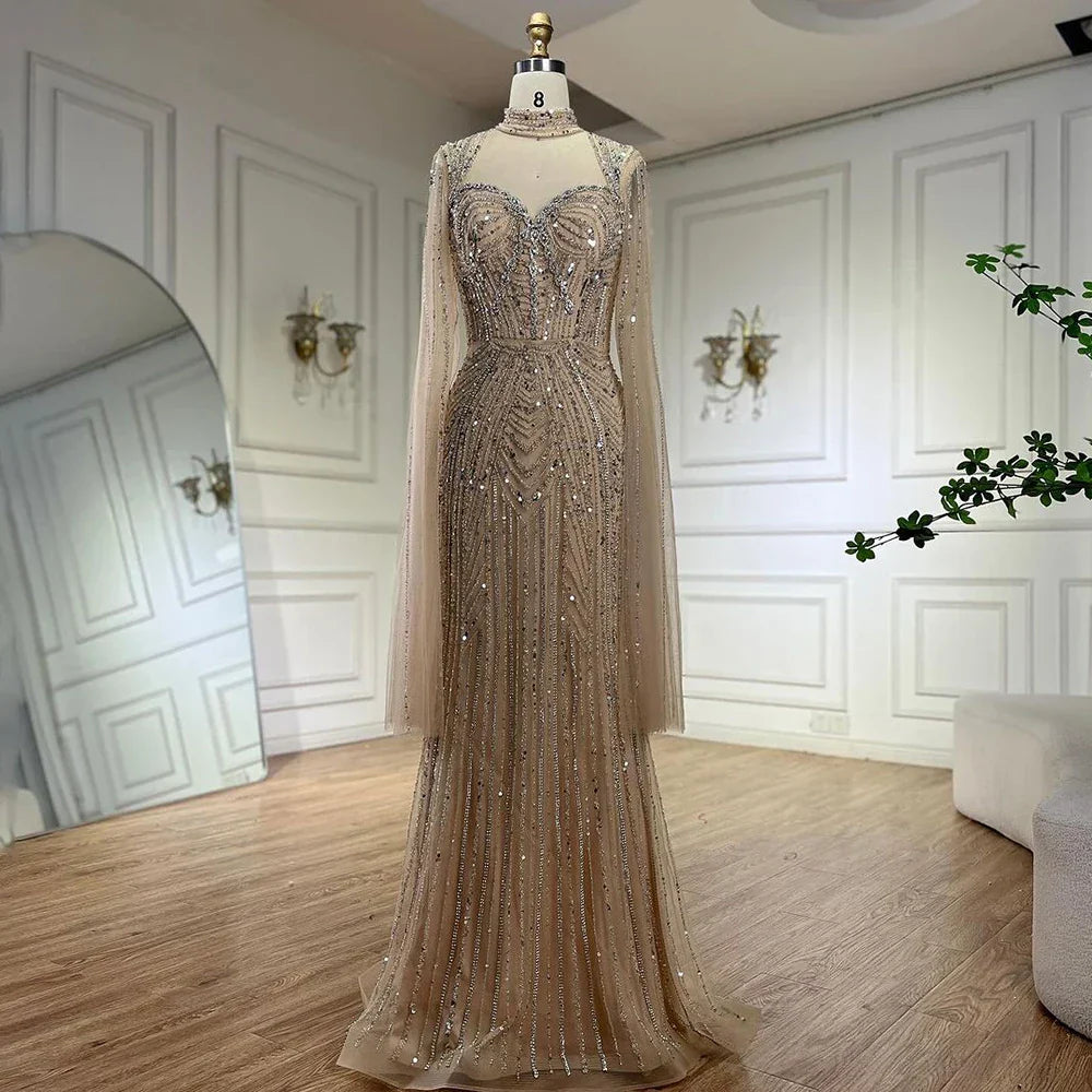Vestidos de noche de lujo estilo sirena con escote corazón y cuentas, color nude, para mujer, estilo Dubai, 2025, LA72560 