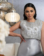 Vestido de noche midi gris de lujo con cuentas, estilo formal, para ocasiones árabes, modelo LA72761 (2025) 