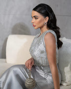 Vestido de noche midi gris de lujo con cuentas, estilo formal, para ocasiones árabes, modelo LA72761 (2025) 