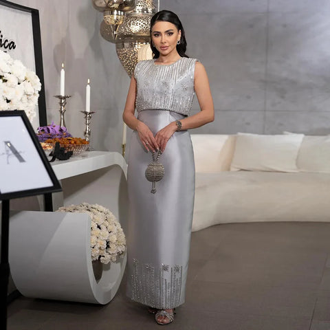 2025 Luxury Saudi Beaded Gray Midi Formal Evening Dress for Arabic Occasion LA72761