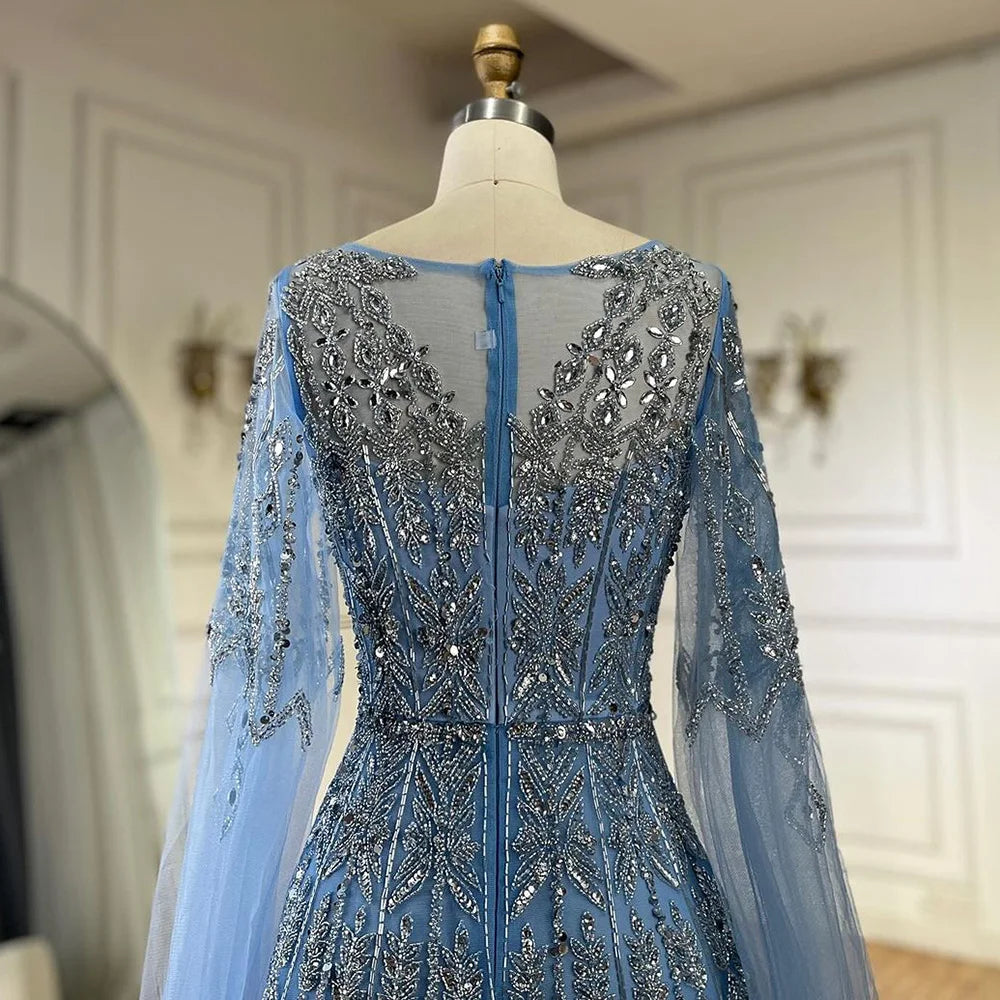 Luxury Blue Evening Dress with Cape Sleeves LA72666