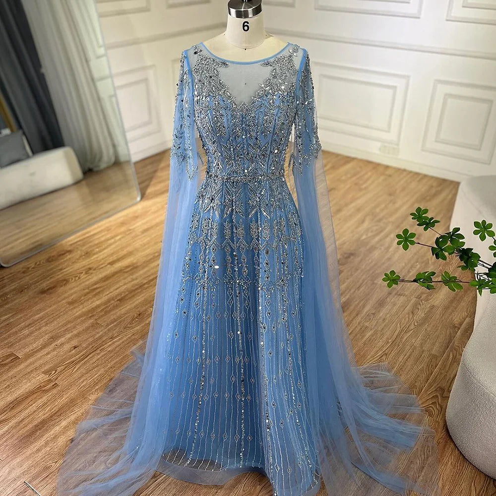 Luxury Blue Evening Dress with Cape Sleeves LA72666
