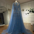 Luxury Blue Evening Dress with Cape Sleeves LA72666