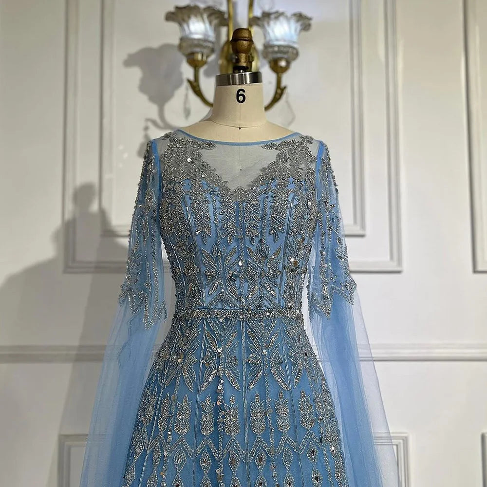 Luxury Blue Evening Dress with Cape Sleeves LA72666