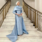 Vestido de noche de lujo saudí de satén azul con cuentas, estilo sirena, para ocasiones formales (modelo LA72414M) 