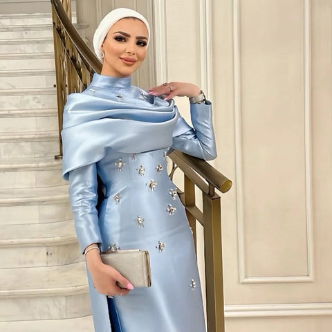 2025 Muslim Blue Mermaid Beaded Satin Luxury Saudi Evening Dress Gown Overlay Skirt for Formal Occasion LA72414M