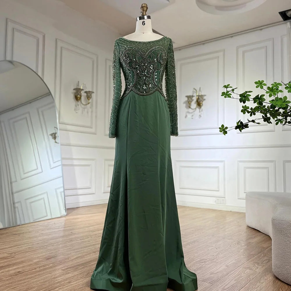 Vestido de noche de lujo estilo sirena, elegante y con cuentas, de satén verde musulmán, para mujer, ideal para fiestas (LA72700) 