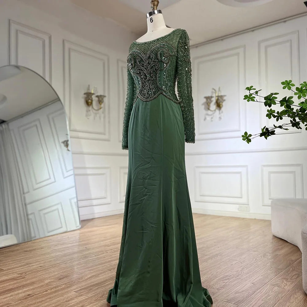 Vestido de noche de lujo estilo sirena, elegante y con cuentas, de satén verde musulmán, para mujer, ideal para fiestas (LA72700) 