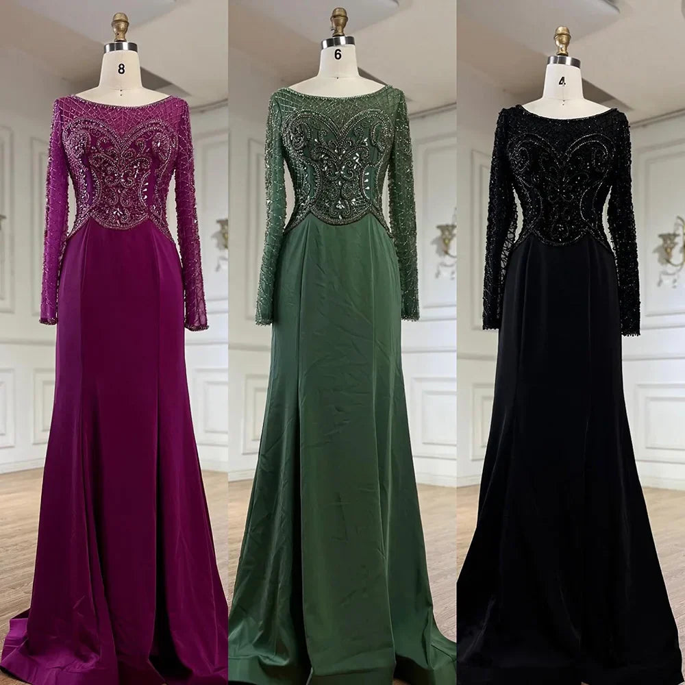 Vestido de noche de lujo estilo sirena, elegante y con cuentas, de satén verde musulmán, para mujer, ideal para fiestas (LA72700) 