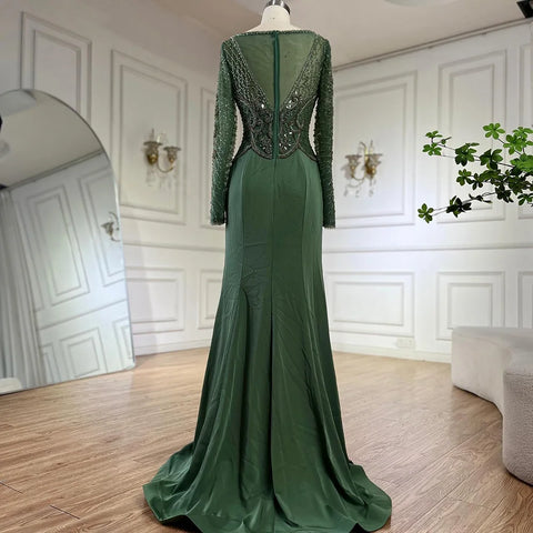 2025 Muslim Elegant Green Satin Mermaid Beaded Luxury Dubai Evening Gown for Women's Party LA72700