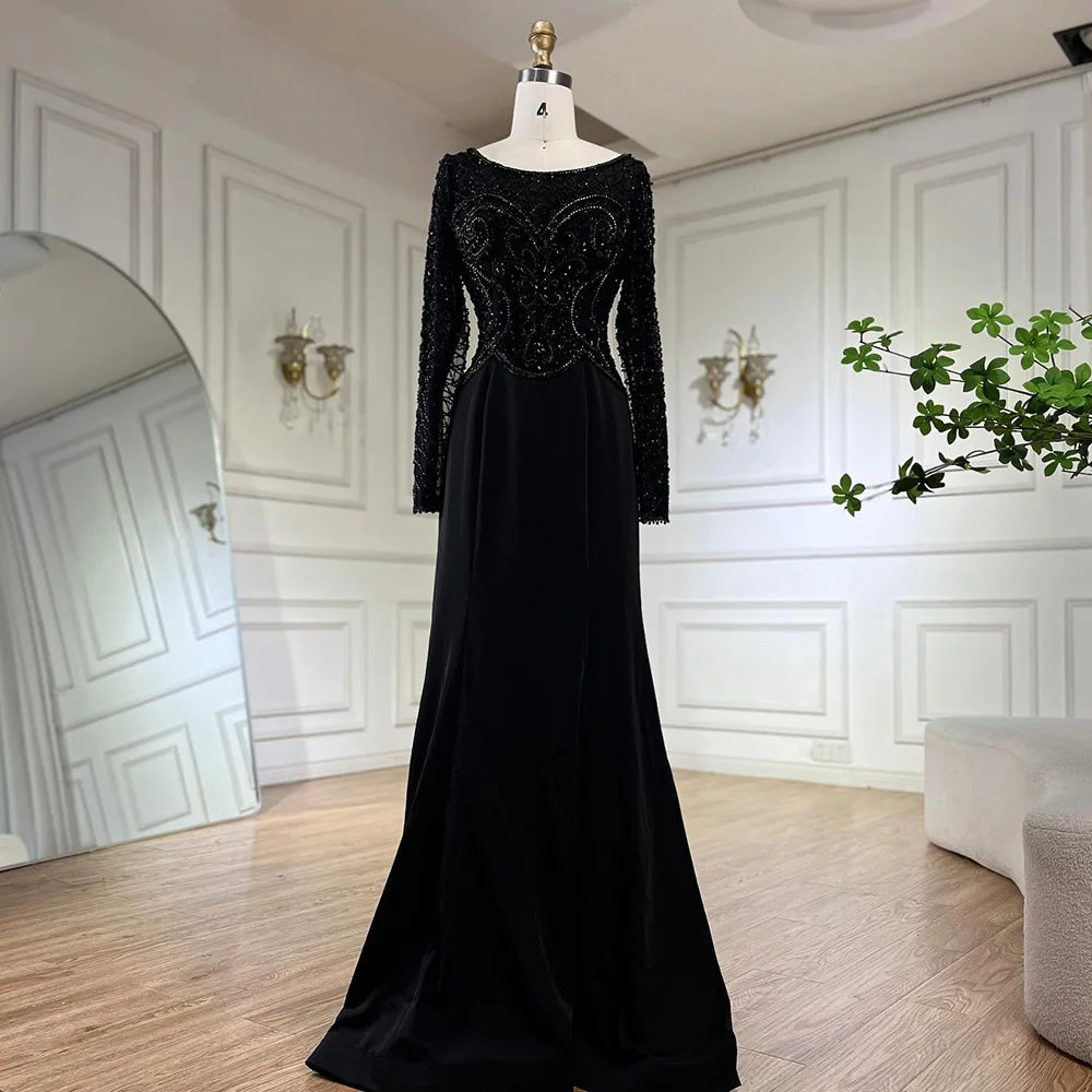 Vestido de noche de lujo estilo sirena, elegante y con cuentas, de satén verde musulmán, para mujer, ideal para fiestas (LA72700) 