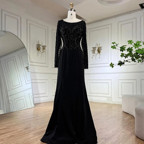 2025 Muslim Elegant Green Satin Mermaid Beaded Luxury Dubai Evening Gown for Women's Party LA72700
