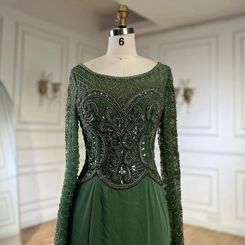 2025 Muslim Elegant Green Satin Mermaid Beaded Luxury Dubai Evening Gown for Women's Party LA72700