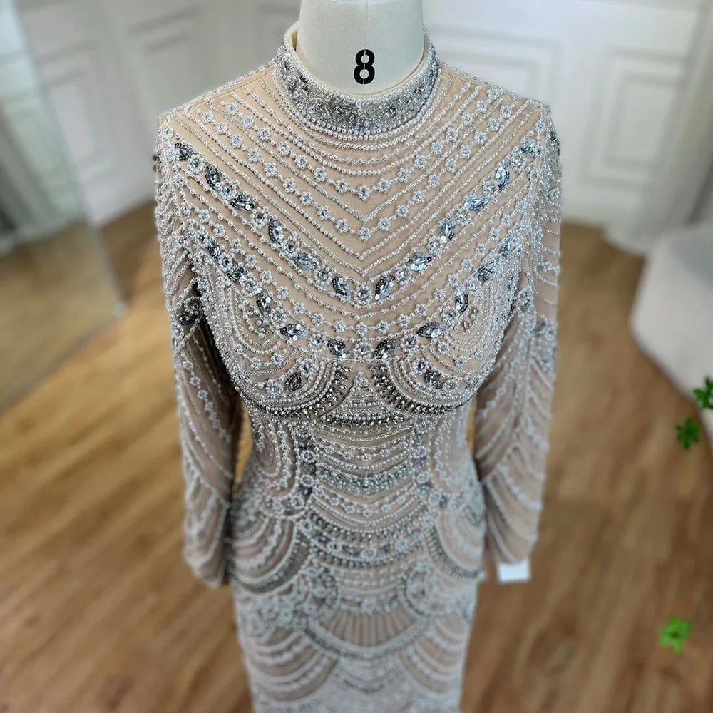 Muslim Nude Elegant Mermaid High Split Beaded Luxury Evening Dress Gown LA72091L