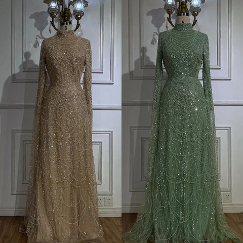 2025 Muslim Nude Mermaid Cape Sleeves Luxury Dubai Evening Gown Pearls Beaded Dress for Women's Party LA72591 Plush Size