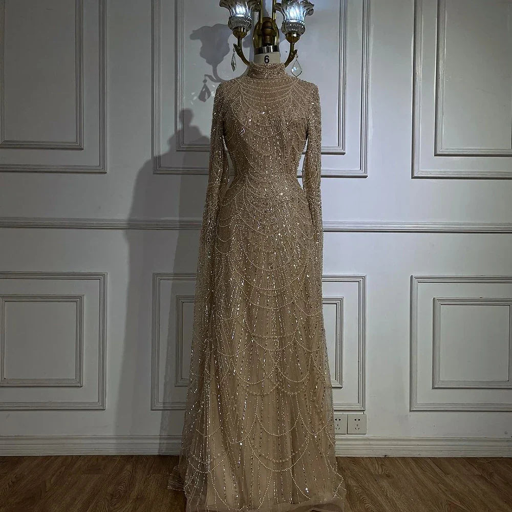 Vestido de noche de lujo estilo sirena color nude, con capas, estilo Dubái, adornado con perlas y cuentas, ideal para fiestas femeninas (LA72591). Talla única. 