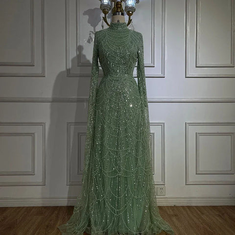 2025 Muslim Nude Mermaid Cape Sleeves Luxury Dubai Evening Gown Pearls Beaded Dress for Women's Party LA72591 Plush Size