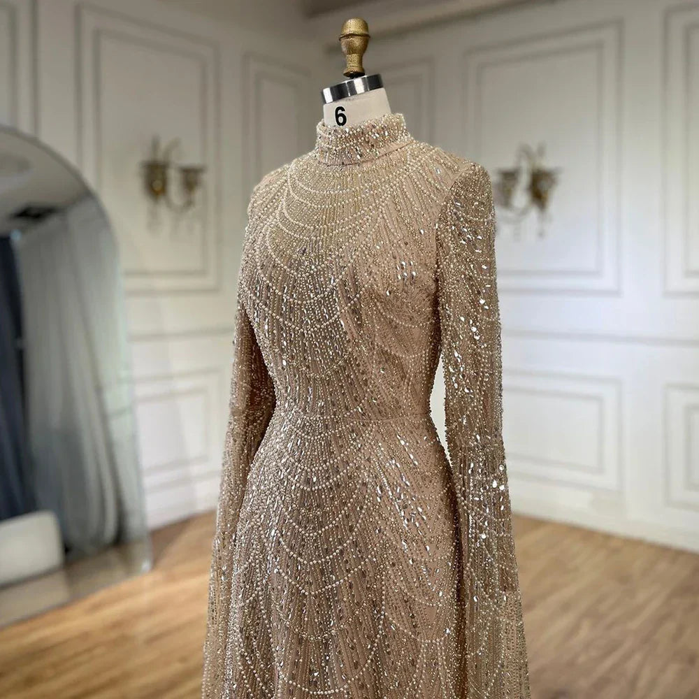 Vestido de noche de lujo estilo sirena color nude, con capas, estilo Dubái, adornado con perlas y cuentas, ideal para fiestas femeninas (LA72591). Talla única. 