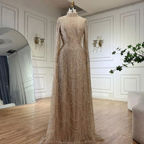 2025 Muslim Nude Mermaid Cape Sleeves Luxury Dubai Evening Gown Pearls Beaded Dress for Women's Party LA72591 Plush Size