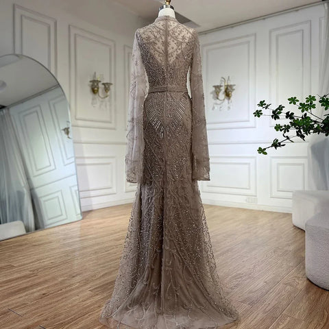 2025 Muslim Nude Mermaid Elegant Bell Sleeve Beaded Luxury Dubai Long Evening Dress for Formal Occasion LA72316A