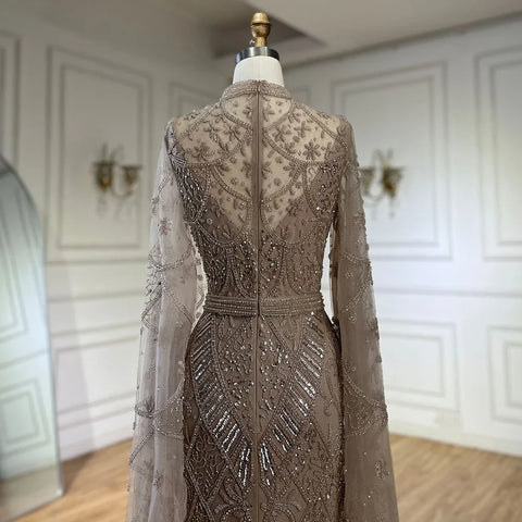 2025 Muslim Nude Mermaid Elegant Bell Sleeve Beaded Luxury Dubai Long Evening Dress for Formal Occasion LA72316A