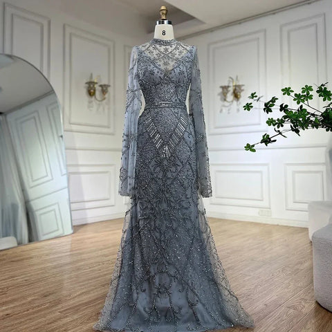 2025 Muslim Nude Mermaid Elegant Bell Sleeve Beaded Luxury Dubai Long Evening Dress for Formal Occasion LA72316A