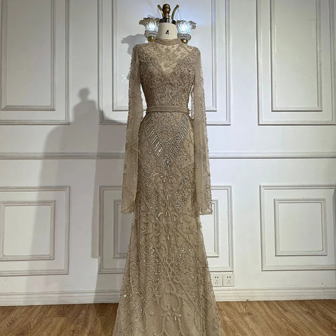 2025 Muslim Nude Mermaid Elegant Bell Sleeve Beaded Luxury Dubai Long Evening Dress for Formal Occasion LA72316A