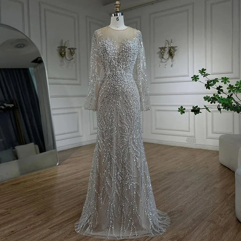 Luxury Dubai White Nude Mermaid Evening Dresses Long Sleeve LA72634