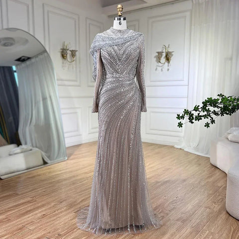 Robe de soirée sirène de luxe argentée et nude, ornée de perles scintillantes, style musulman, LA70752H