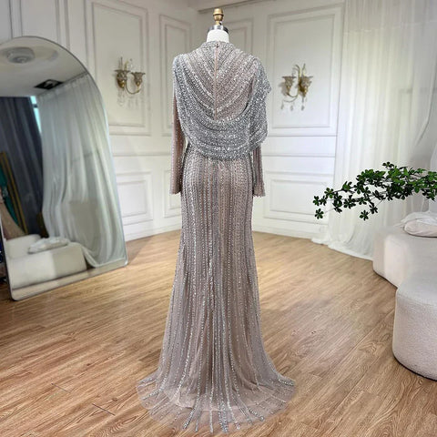 Robe de soirée sirène de luxe argentée et nude, ornée de perles scintillantes, style musulman, LA70752H
