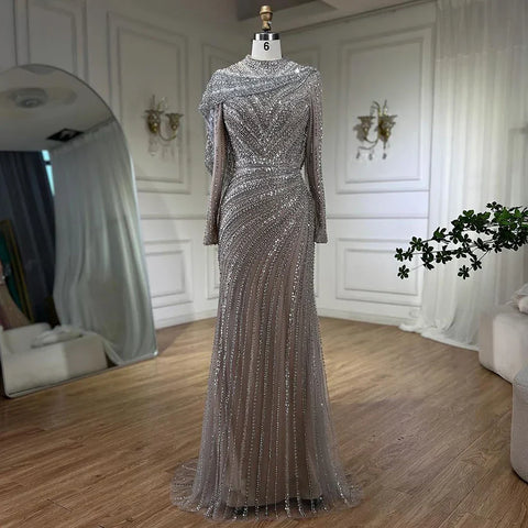 Robe de soirée sirène de luxe argentée et nude, ornée de perles scintillantes, style musulman, LA70752H