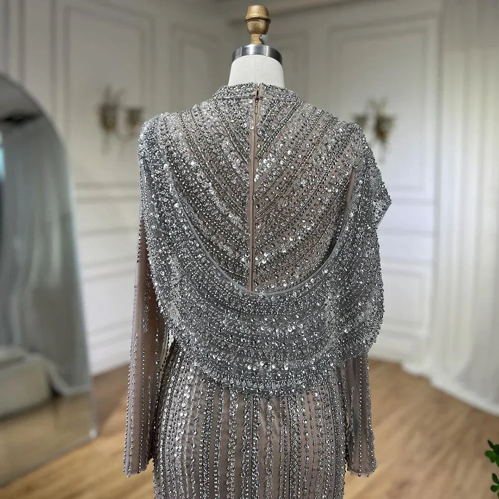 Muslim Silver Nude Beaded Sparkle Luxury Mermaid Evening Dress Gown LA70752H