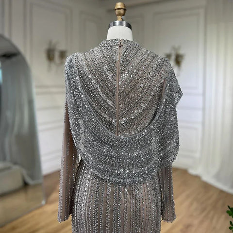 Robe de soirée sirène de luxe argentée et nude, ornée de perles scintillantes, style musulman, LA70752H