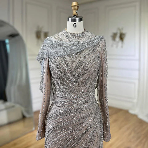 Robe de soirée sirène de luxe argentée et nude, ornée de perles scintillantes, style musulman, LA70752H