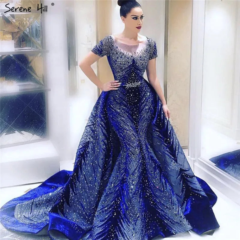 Vestido de noche de sirena azul de lujo en terciopelo musulmán 2025 con falda, vestido formal de talla grande LA60914 