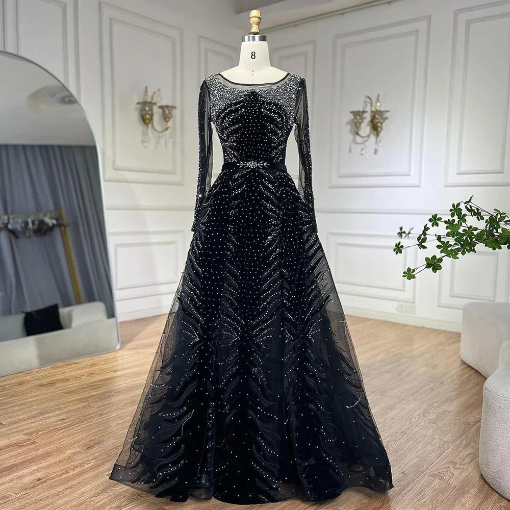 Vestido de noche de sirena azul de lujo en terciopelo musulmán 2025 con falda, vestido formal de talla grande LA60914 