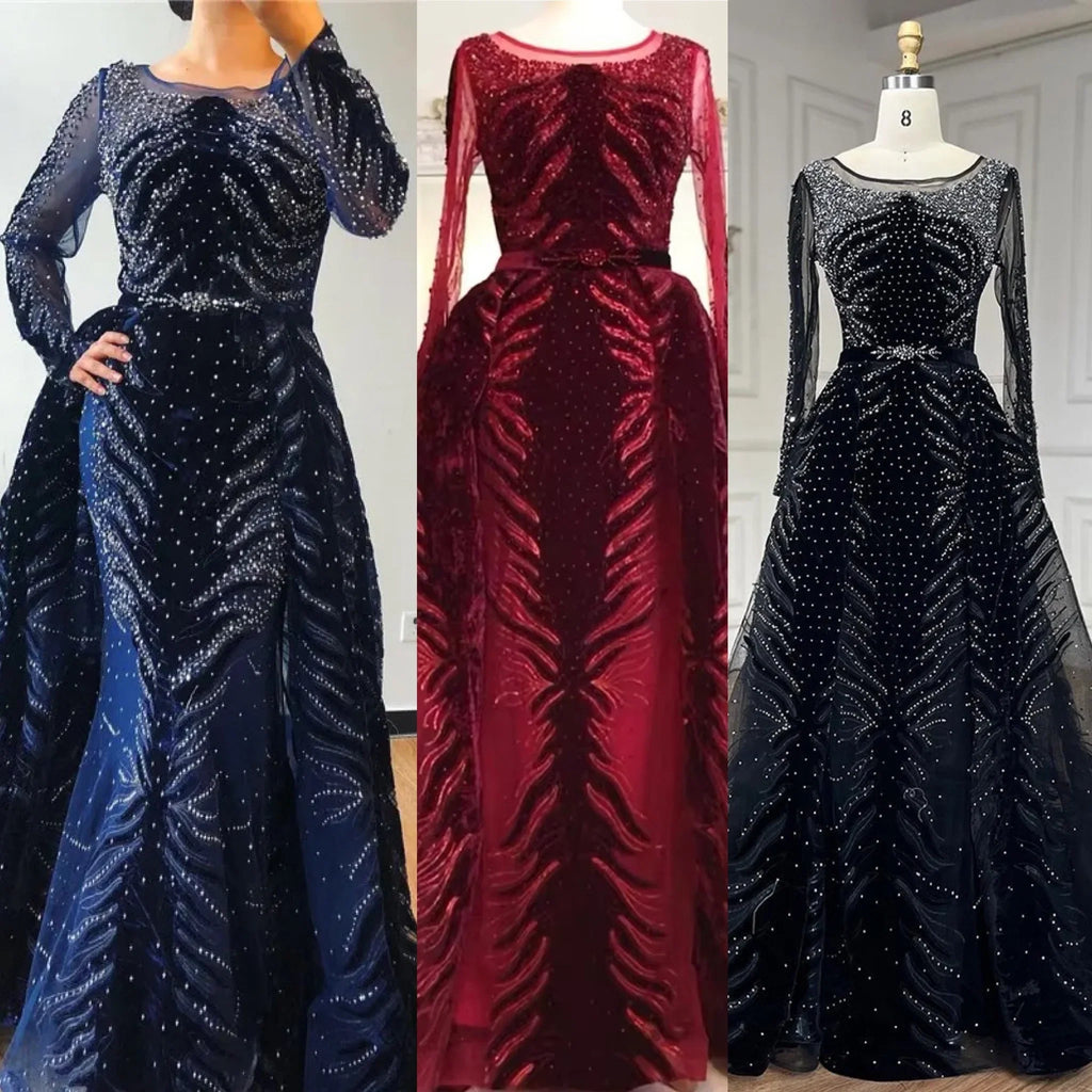 Vestido de noche de sirena azul de lujo en terciopelo musulmán 2025 con falda, vestido formal de talla grande LA60914 