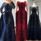 Vestido de noche de sirena azul de lujo en terciopelo musulmán 2025 con falda, vestido formal de talla grande LA60914 