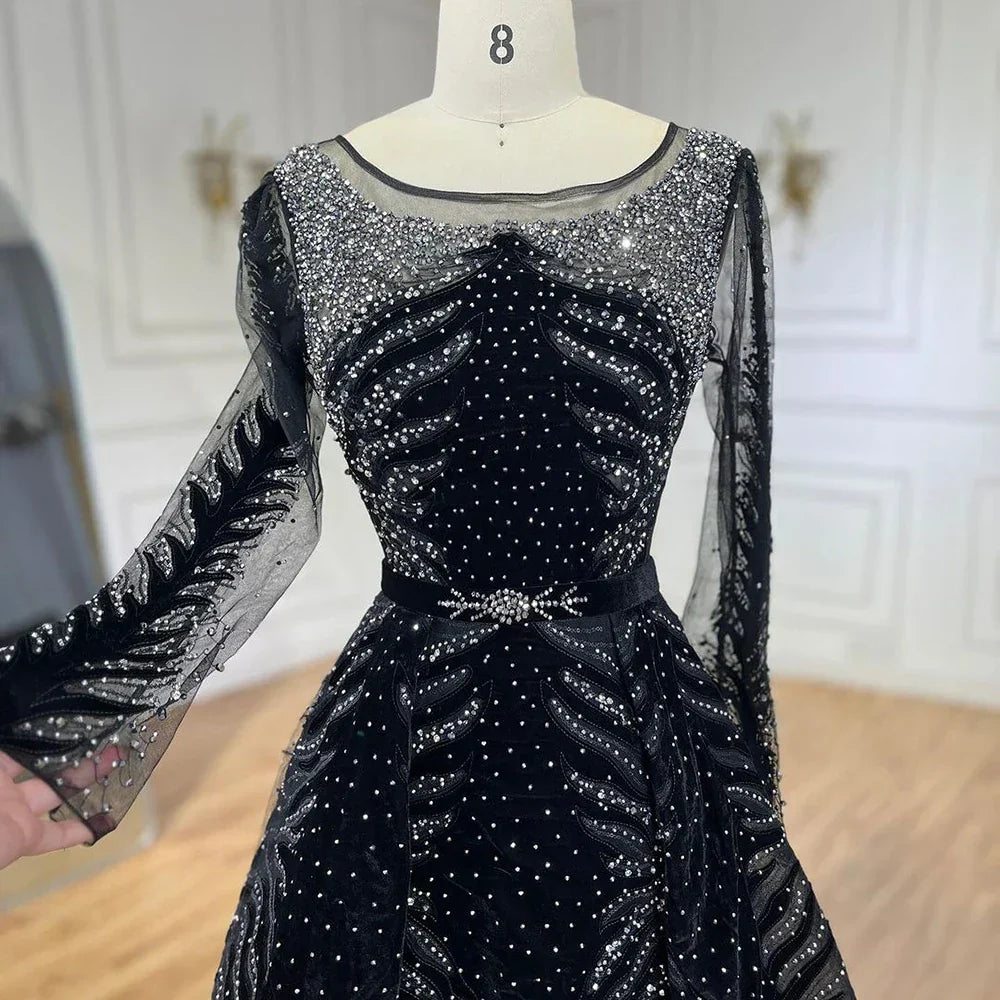 Vestido de noche de sirena azul de lujo en terciopelo musulmán 2025 con falda, vestido formal de talla grande LA60914 